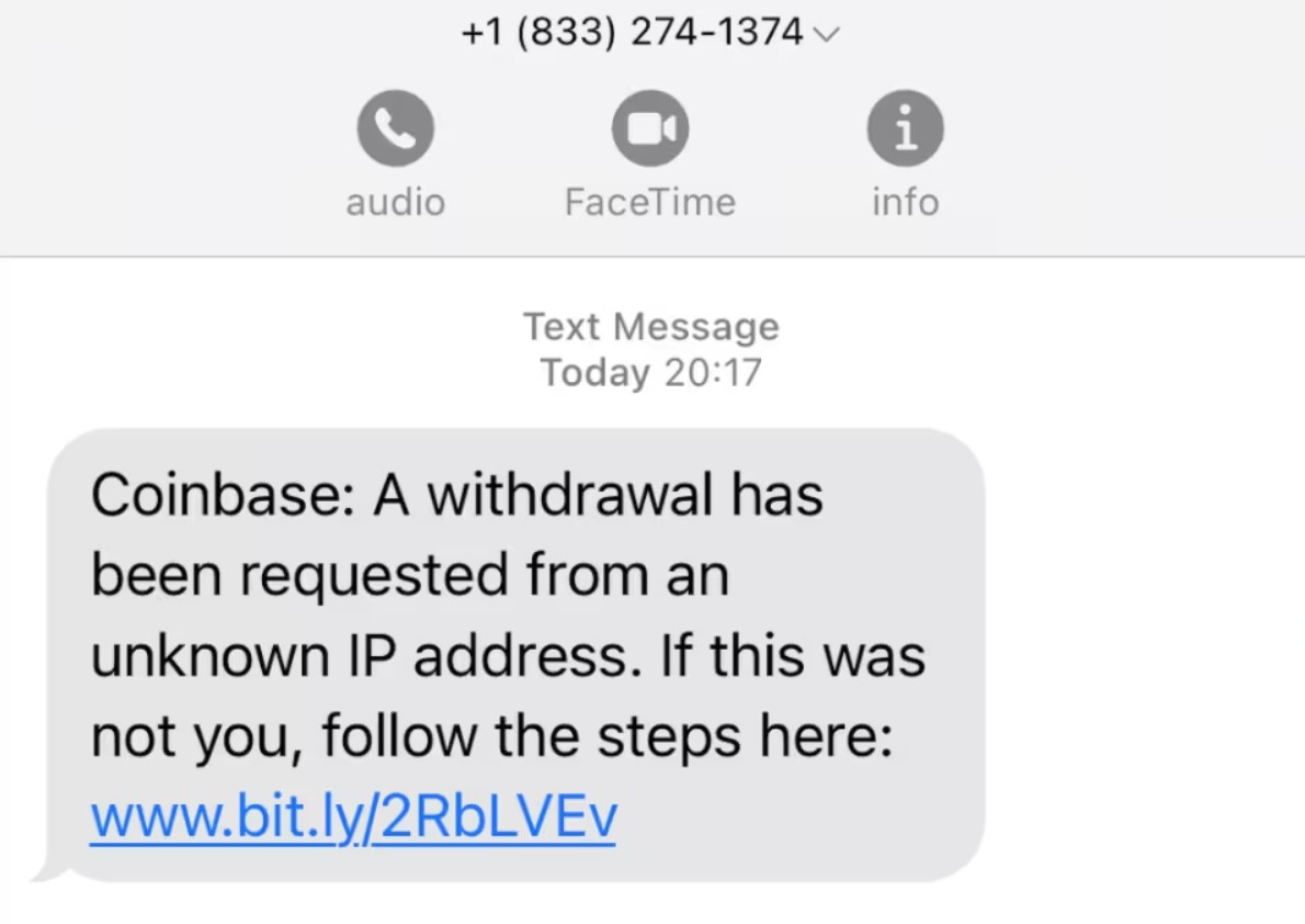 coinbase alert text scam screenshot of sms
