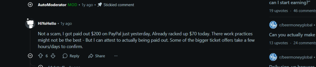 freecash scam or legit reddit positive comment about cashout