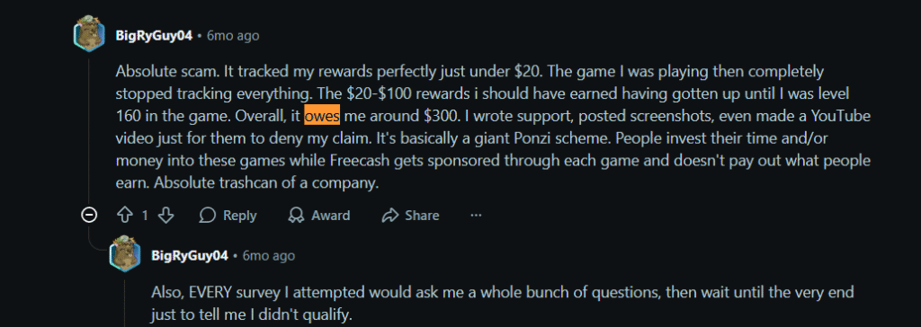 is freecash legit or scam comment about cashout problems